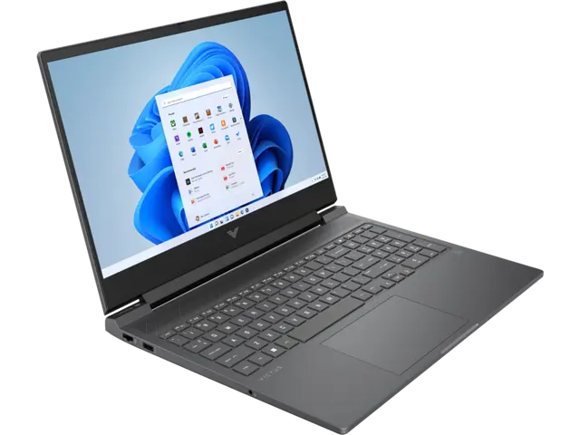 Close-up view of HP Victus 15 Gaming Laptop - AMD Ryzen 5 7535HS, 8GB DDR5, 512GB SSD, RX 6550M (4GB), 15.6 inches 144Hz FHD - Windows 11 (1-Year Warranty, Mica Silver, Model: 15-fb2063dx)